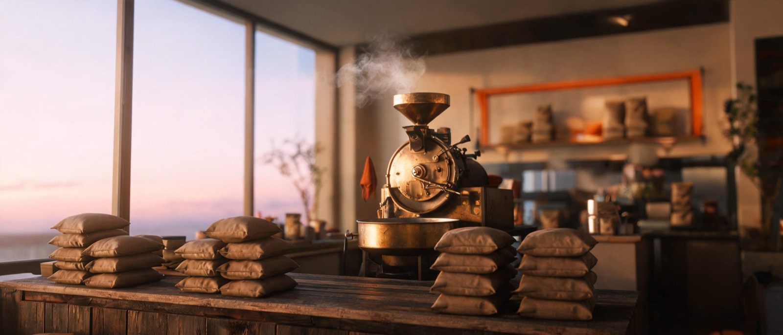 Embercraft hero section: roastery bar at dawn with brass roaster