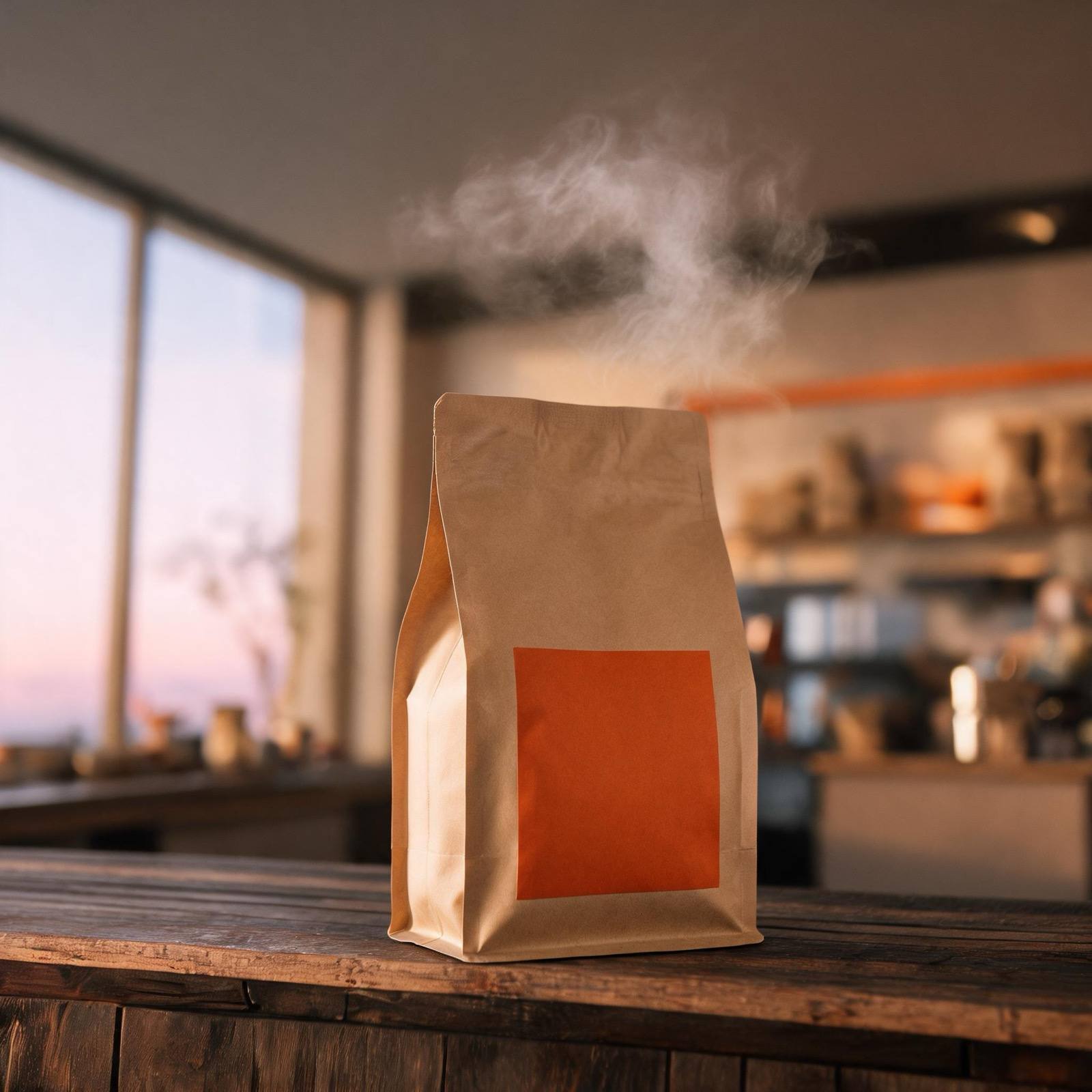 Kraft bag of Dawn Blend with a burnt-orange label on a wooden counter, morning light behind