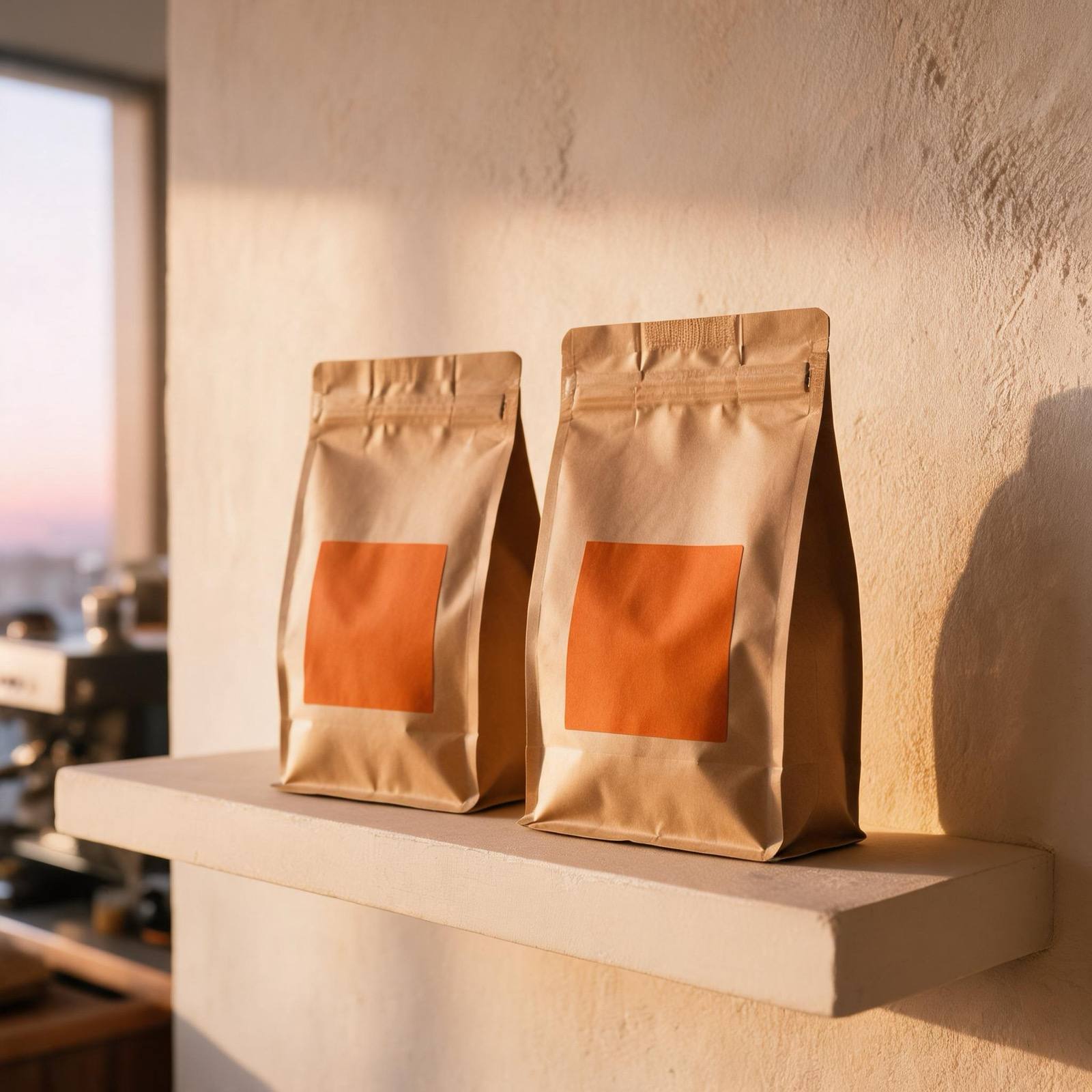 Two kraft bags of Ember Single Origin on a cream plaster shelf