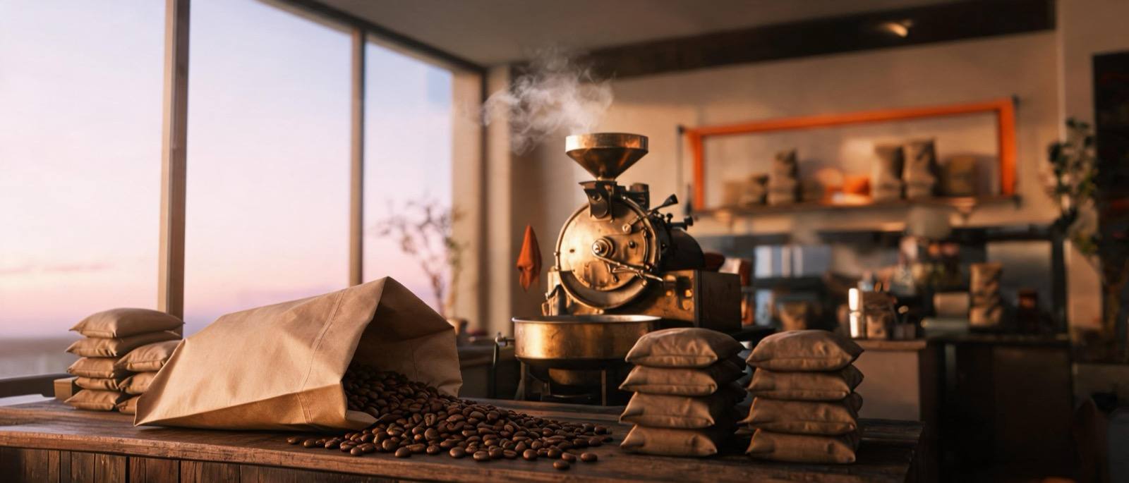 Kraft bag of Midnight Reserve tipped with roasted beans across dark walnut wood
