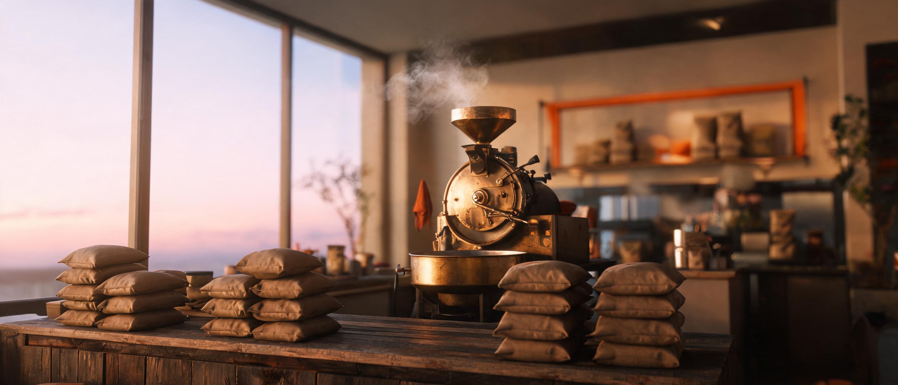 Inside the Embercraft roastery at dawn: a brass drum roaster with gentle steam beside kraft paper bags of beans on a reclaimed wood counter