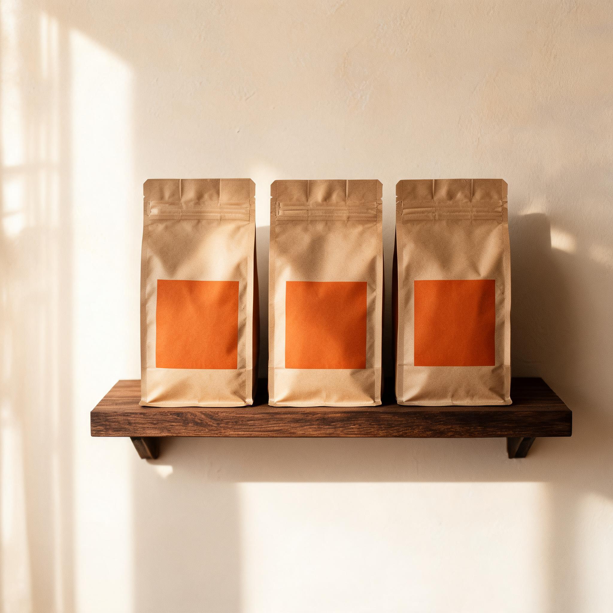 Three kraft bags of Embercraft beans with burnt-orange labels on a wooden shelf