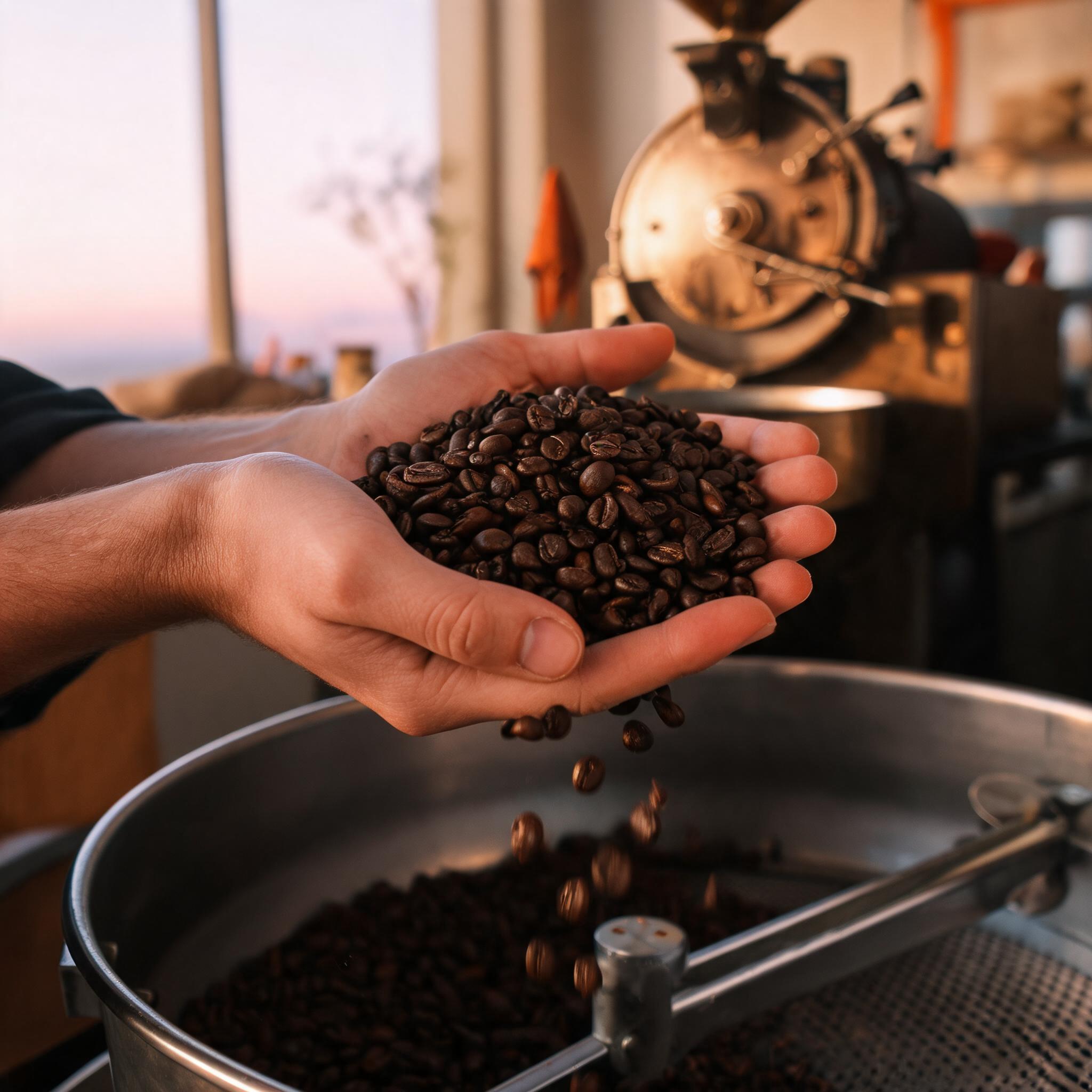Roaster's hands cupping freshly roasted beans above the cooling tray